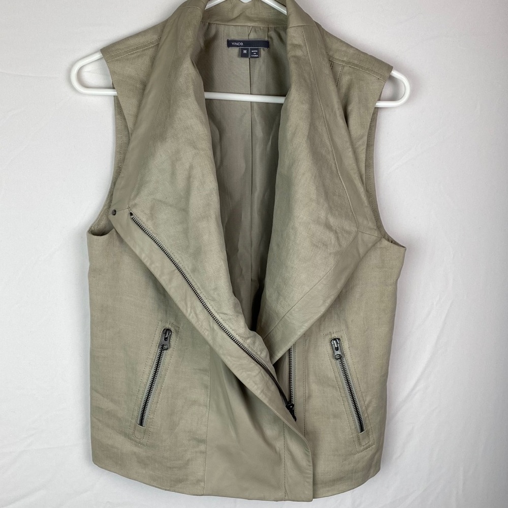 VINCE - asymmetrical leather and linen moto vest